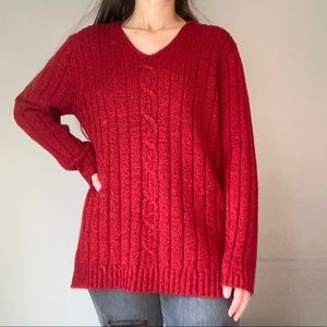 Deep Red Cable Knit V-Neck Sweater